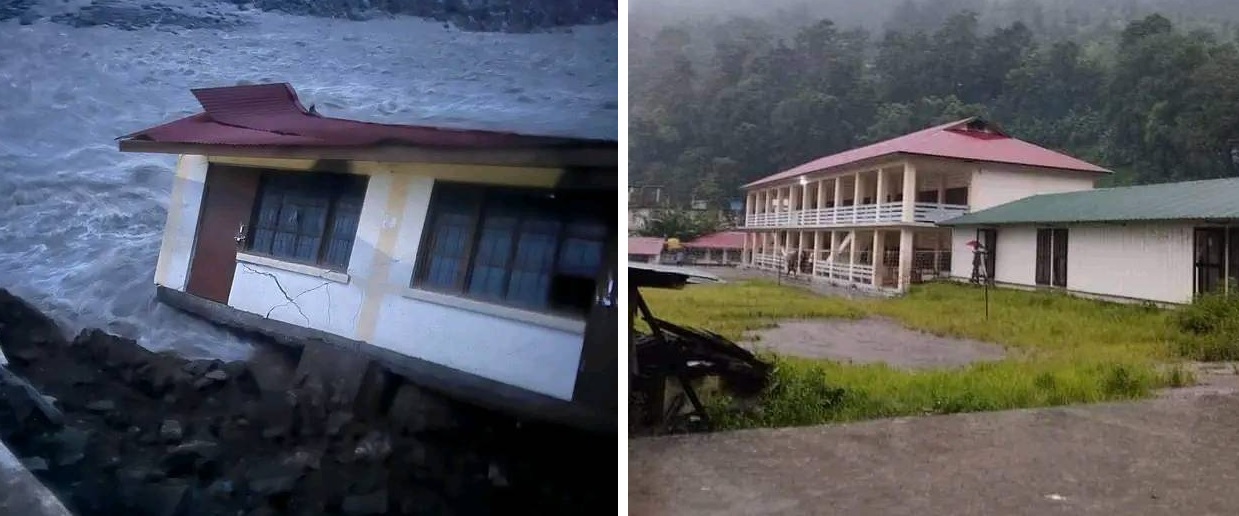 सिन्धुपाल्चोक, हेलम्बु गाउँपालिका-४ ग्याल्थुमस्थित सरस्वती मावि बाढीले बगाएपछि (बायाँ) र बाढीले बगाउनुअघि (दायाँ)।)